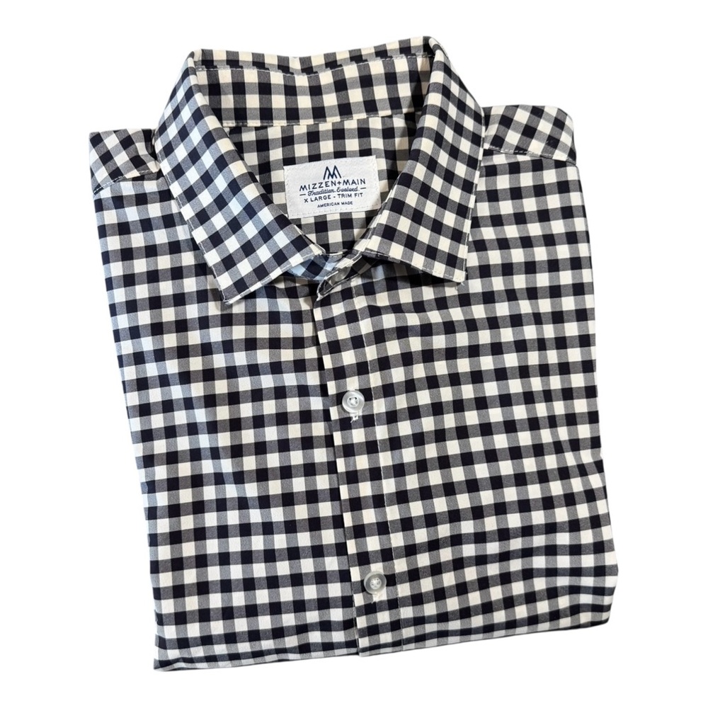 Mizzen Main NAVY Trim Fit Shirt Men size XL Long Sleeve Button Gingham Check